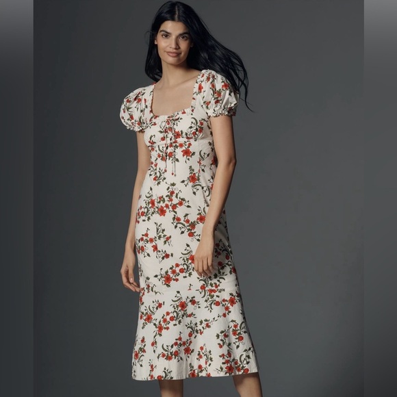 New Anthropologie Puff Sleeve Smocked Dress L Cottagecore Floral Midi Maeve - Picture 1 of 14
